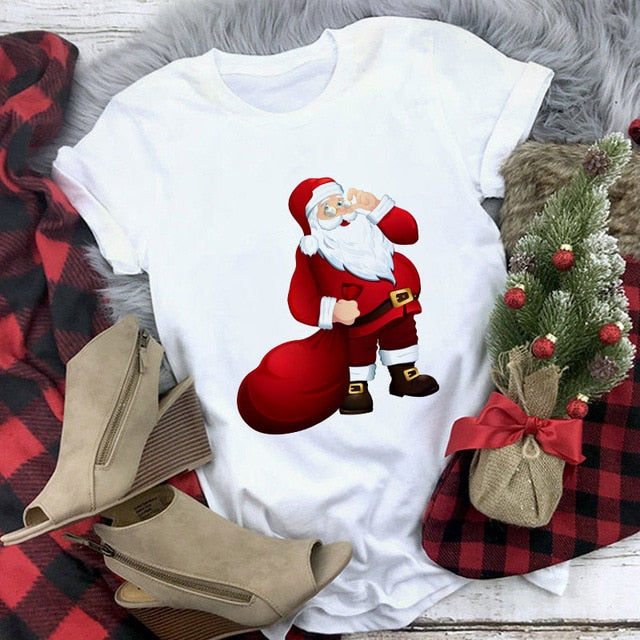 White Hipster Suitable All Seasons Tshirt Tops Clothing New Santa Claus T Shirt Women Fashion Merry Christmas Harajuku T-shirt